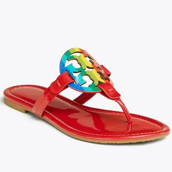 Tory Burch Red Patent Leather Miller Sandals with Colorful Logo Size 7 - Picture 2 of 9